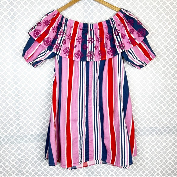 EUC ASOS Pink Multi Striped Off Shoulder Eyelet Dress - Picture 5 of 11